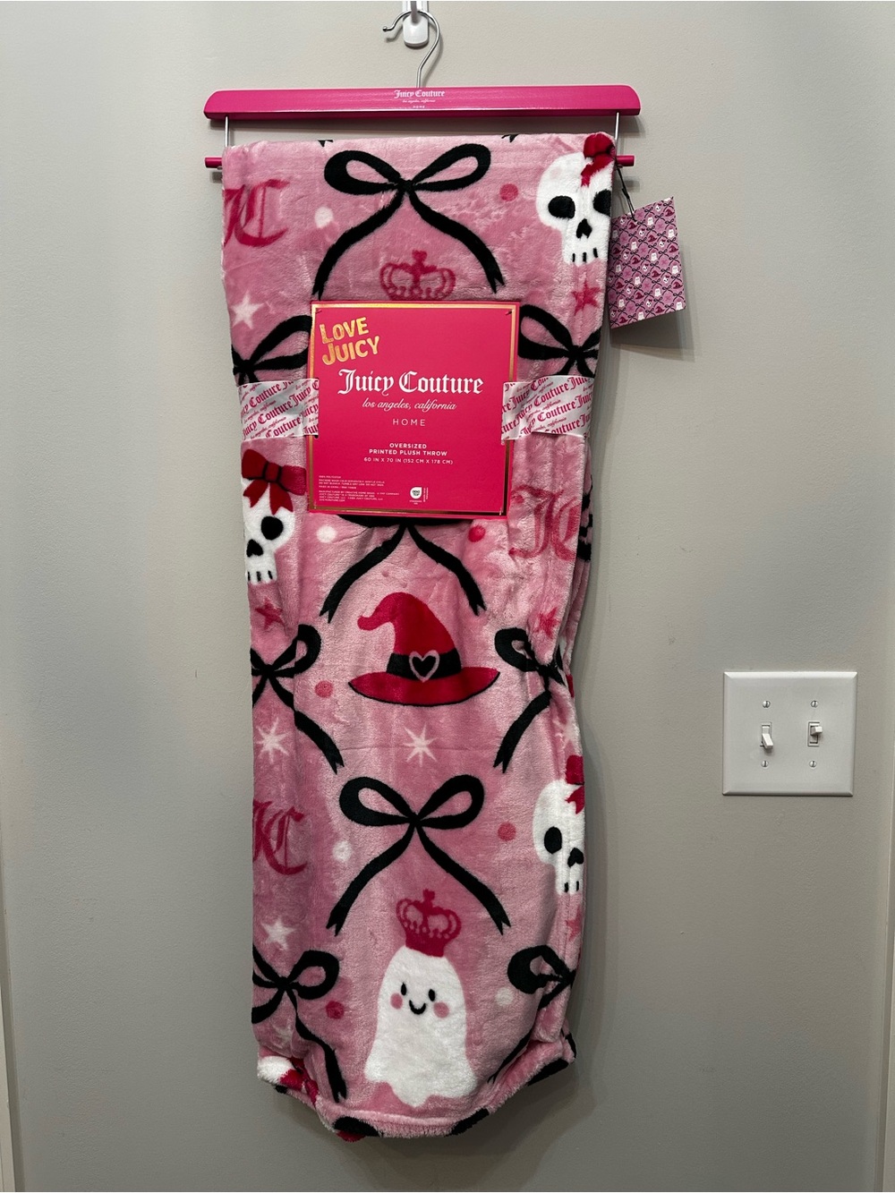 Juicy Couture Pink Halloween Ghost & Skull Plush Y2K Throw Blanket 60x70